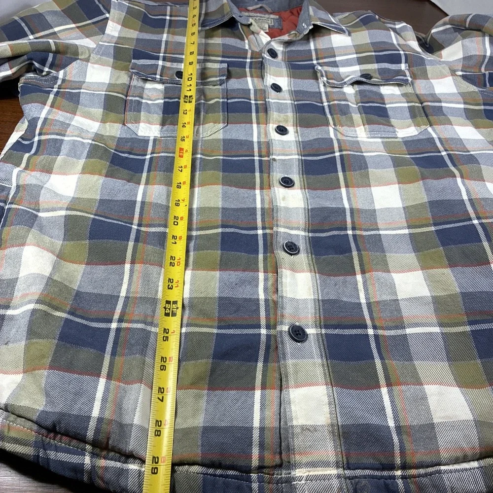 LL Bean Insulated Button Up Shirt Jacket Quilt Lined Plaid With Stains